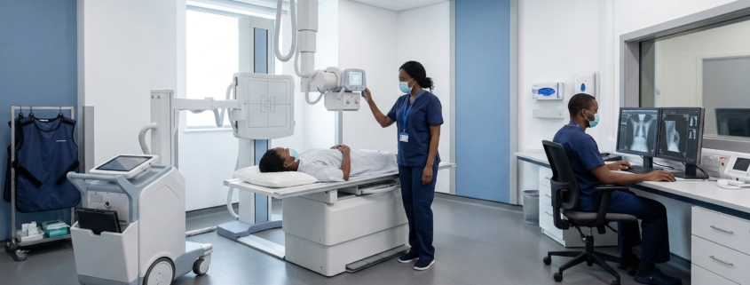 Imaging solutions in a modern radiology room with digital X-ray equipment