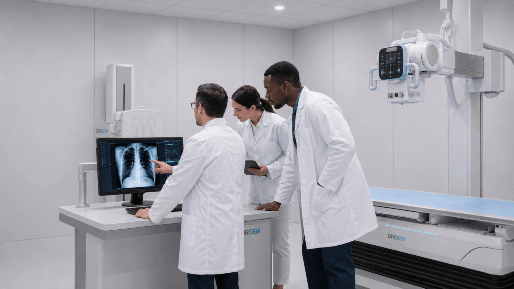 Radiology professionals reviewing a chest X-ray using DRGEM medical imaging equipment in a clinical X-ray room
