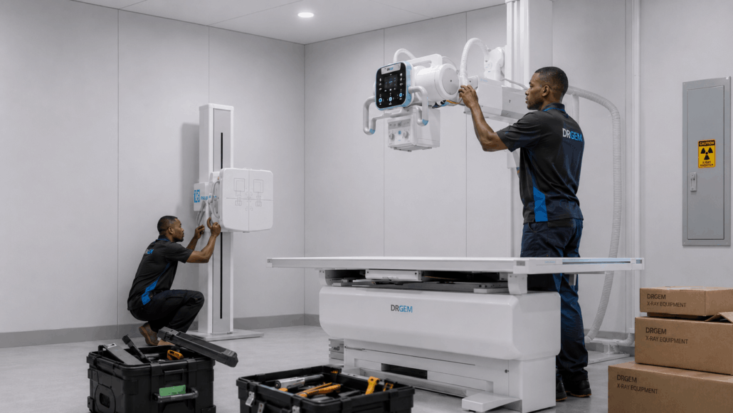 DRGEM Africa engineers installing X-ray equipment in a diagnostic radiology room for healthcare providers.